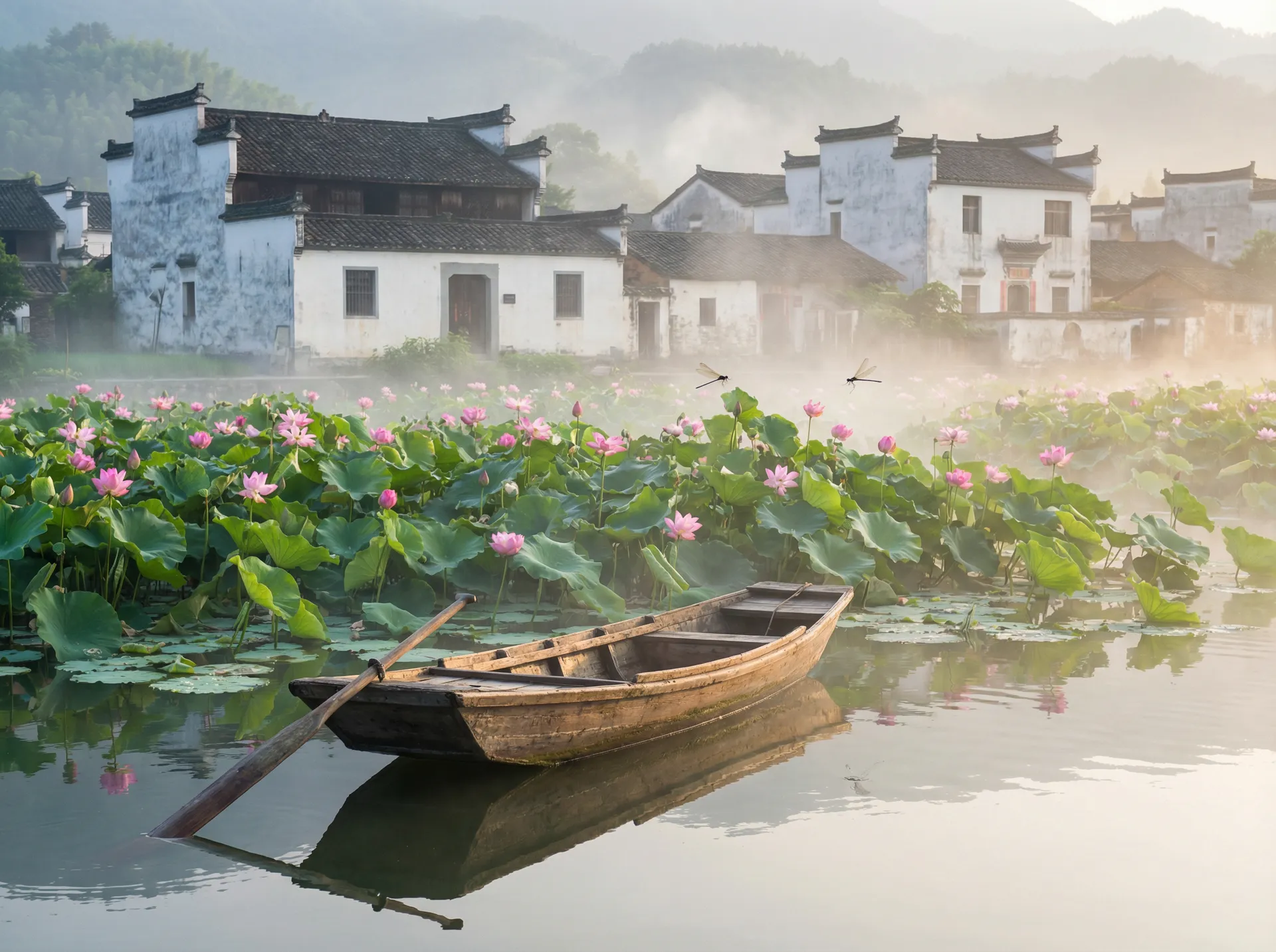 清晨荷塘小舟，粉色荷花盛开，白墙黑瓦的村庄 - iphone xs plus 水乡风情